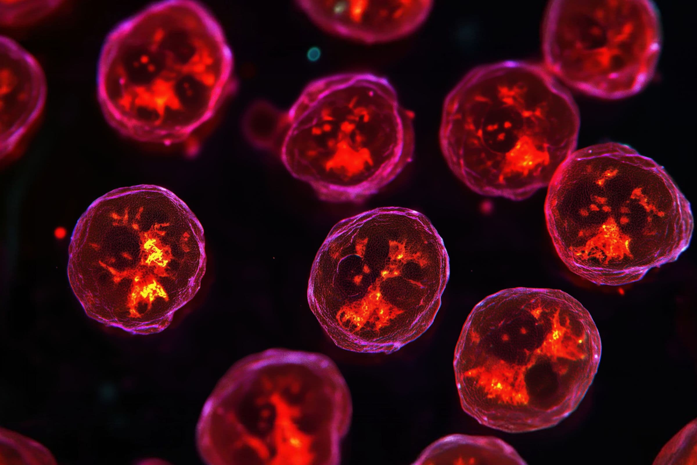 Macro view of glowing red cell structures